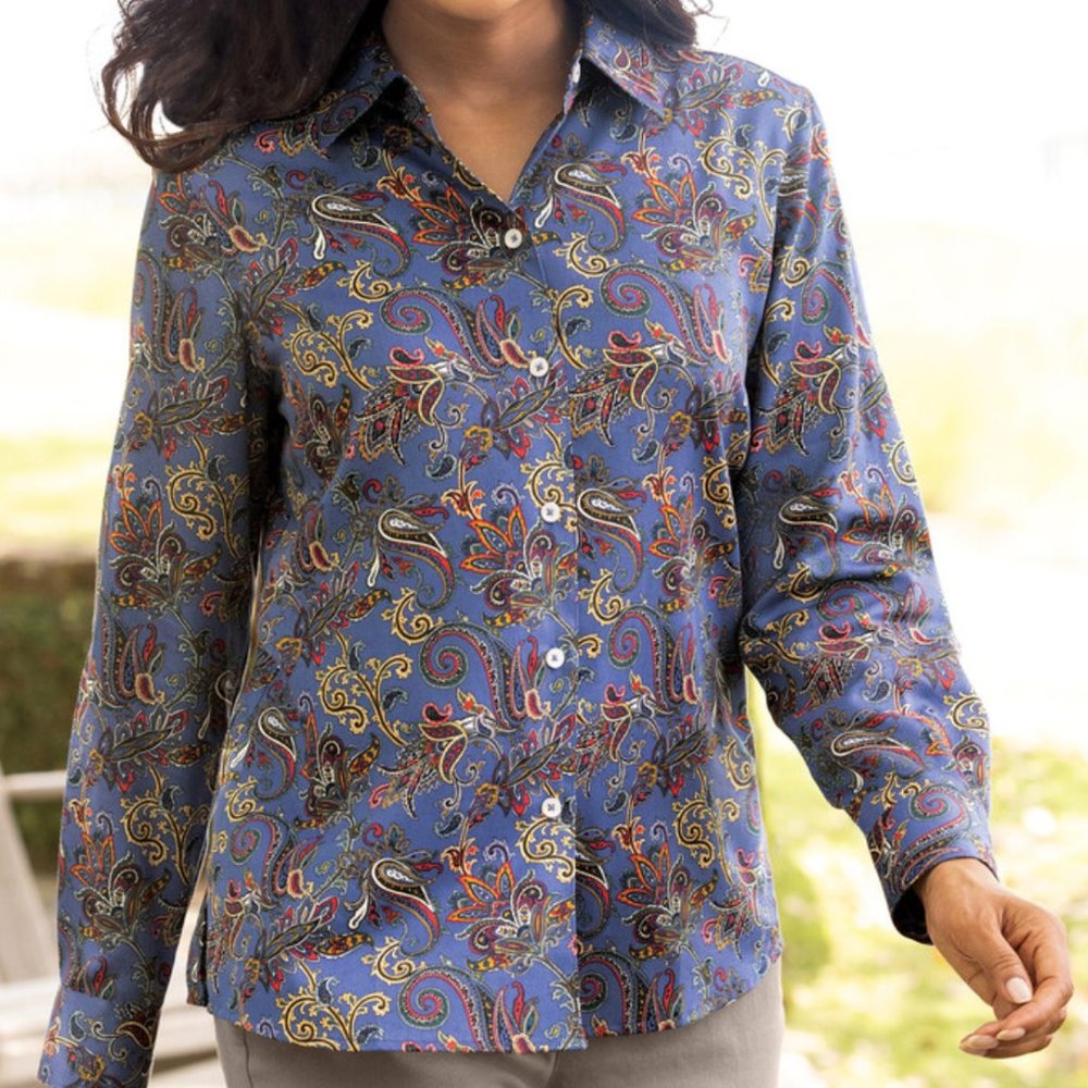Foxcroft Appleseed's Petites 18 18P Paisley Iris Wrinkle Free Shaped Fit Shirt - Picture 1 of 5